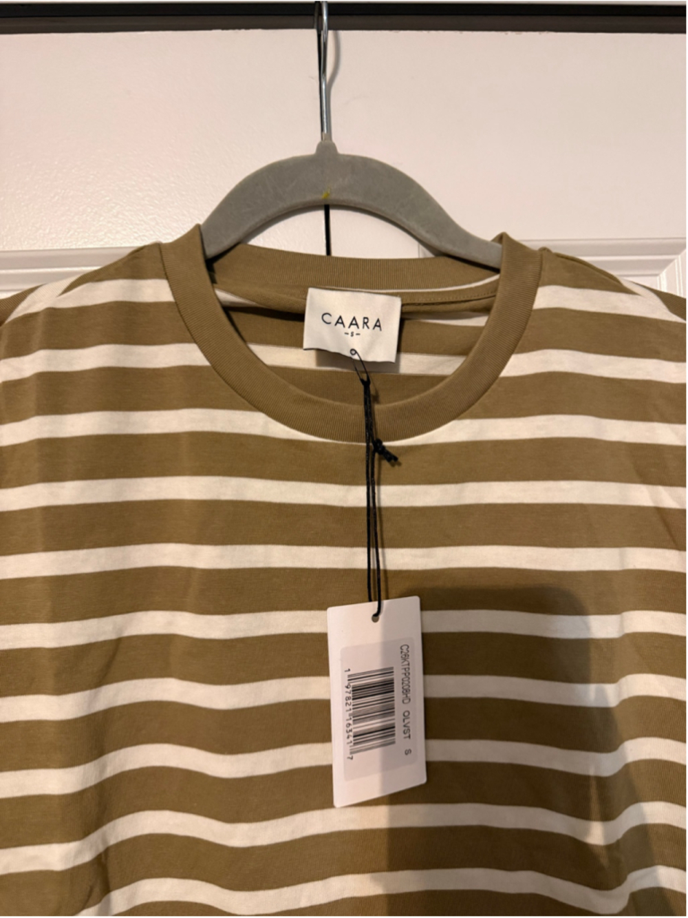 Women's CAARA Long Sleeve Striped Tee Olive and White Size S - Picture 6 of 7